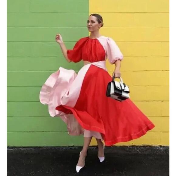 Aje Dress Women 8 Entwined Midi Red Pink Colorblock Puff Sleeve Silk Linen Artsy - Picture 1 of 16